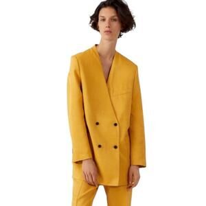 Zara Longline Double Breasted Blazer Women XS Yellow Linen Blend Tailored V Neck